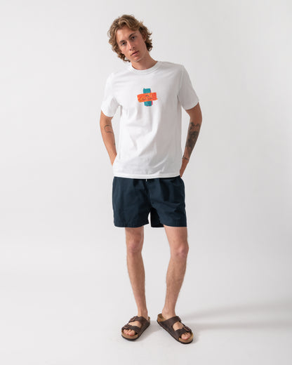 full length of model wearing a PS Paul Smith Mens Regular Fit Cross T-Shirt in 01 White