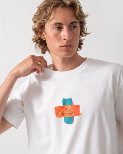 close up of model wearing a PS Paul Smith Mens Regular Fit Cross T-Shirt in 01 White