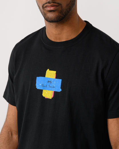 close up of a model wearing a PS Paul Smith Mens Regular Fit Cross T-Shirt in 79 Black