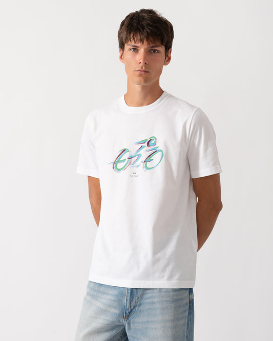 model wearing a PS Paul Smith Mens Regular Fit Cyclist Graphic T-Shirt in 01 White