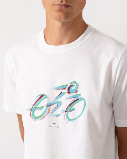 close up of a model wearing a PS Paul Smith Mens Regular Fit Cyclist Graphic T-Shirt in 01 White