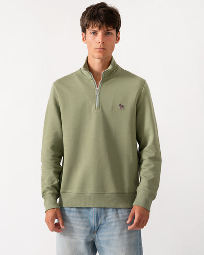 a model wearing a PS Paul Smith Mens Regular Fit Half Zip Sweatshirt with Zebra Logo in 34C Light Greyish Green