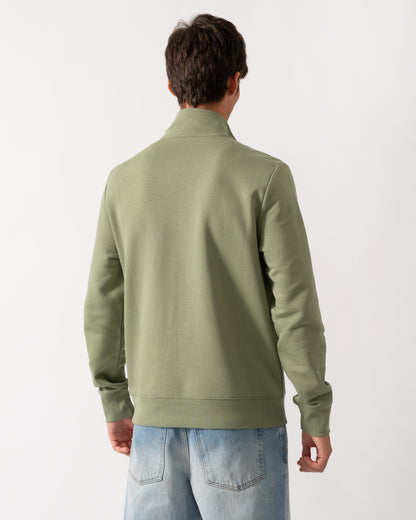 back of a model wearing a PS Paul Smith Mens Regular Fit Half Zip Sweatshirt with Zebra Logo in 34C Light Greyish Green