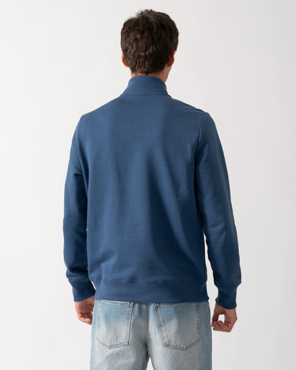 back of a model wearing a PS Paul Smith Mens Regular Fit Half Zip Sweatshirt with Zebra Logo in 46D Indigo