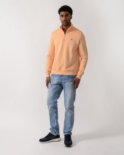 full length shot of a  model wearing a PS Paul Smith Mens Regular Fit Half Zip Zebra Logo Top in 15D Orange