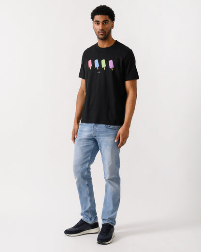 full length shot of a model wearing a PS Paul Smith Mens Regular Fit Lollies T-Shirt in 79 Black
