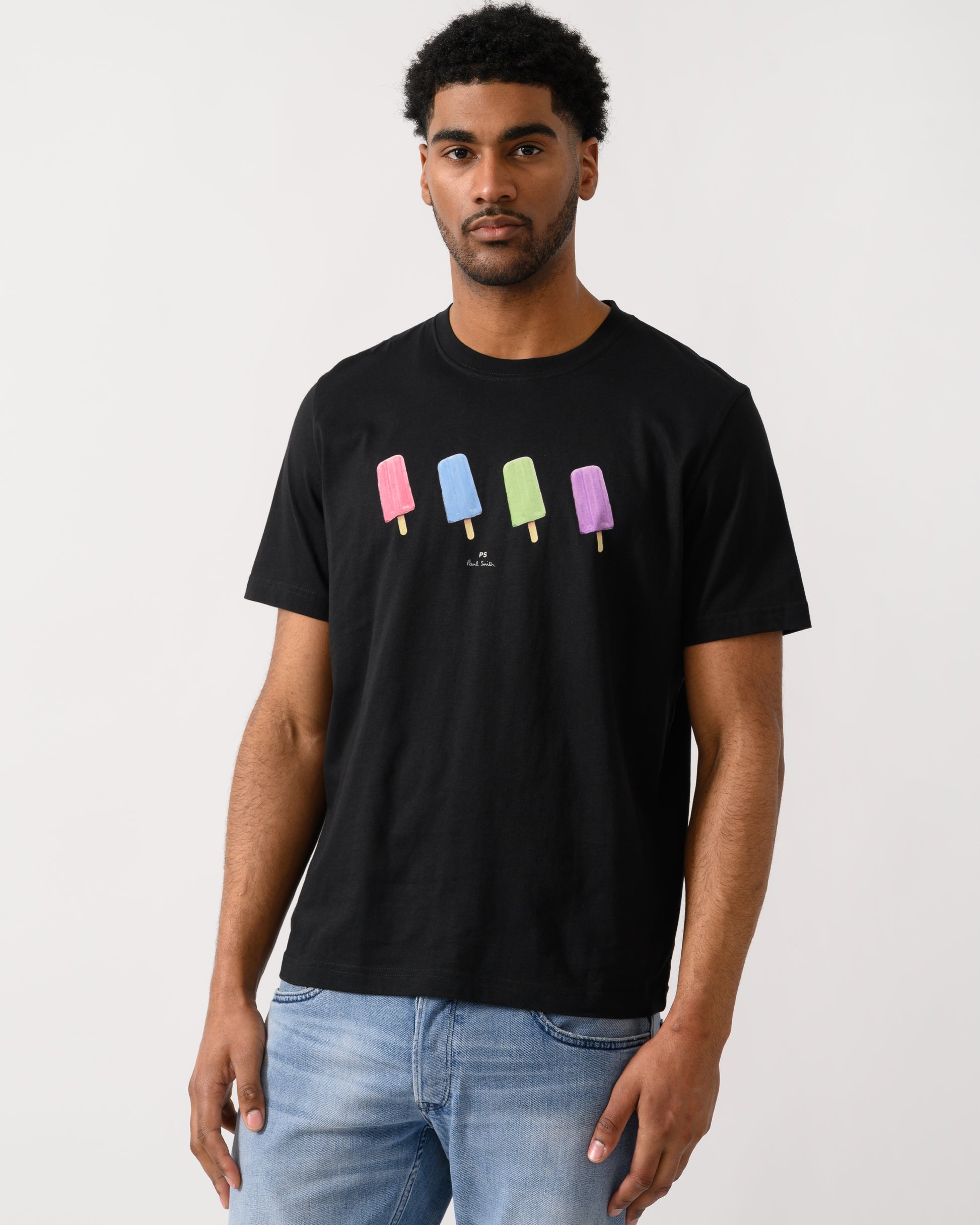 model wearing a PS Paul Smith Mens Regular Fit Lollies T-Shirt in 79 Black