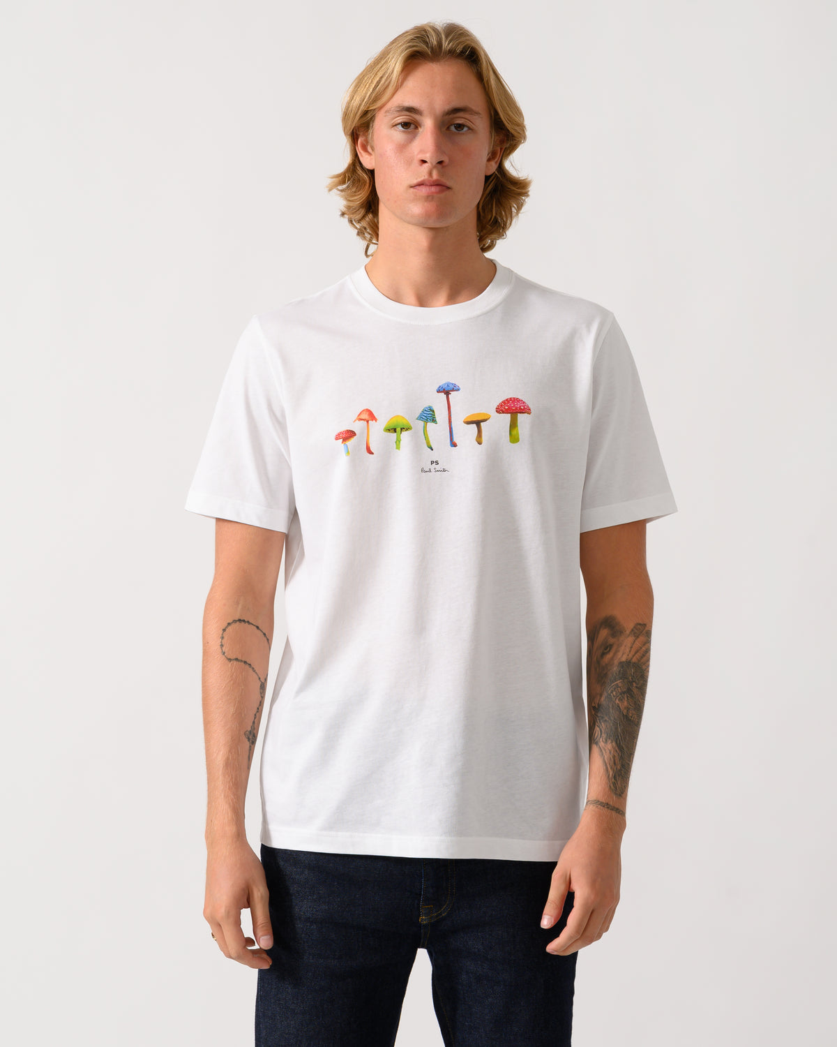 studio photograph of a model wearing a PS Paul Smith Mens Regular Fit Mushrooms Graphic T-Shirt - 01 White