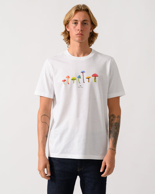 studio photograph of a model wearing a PS Paul Smith Mens Regular Fit Mushrooms Graphic T-Shirt - 01 White
