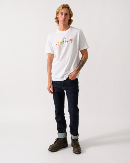 full length studio photograph of a model wearing a PS Paul Smith Mens Regular Fit Mushrooms Graphic T-Shirt - 01 White