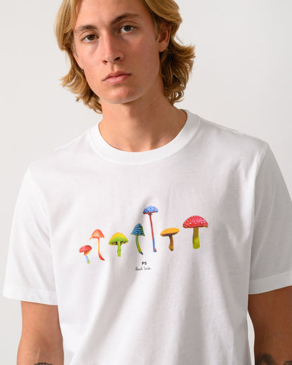 close up studio photograph of a model wearing a PS Paul Smith Mens Regular Fit Mushrooms Graphic T-Shirt - 01 White