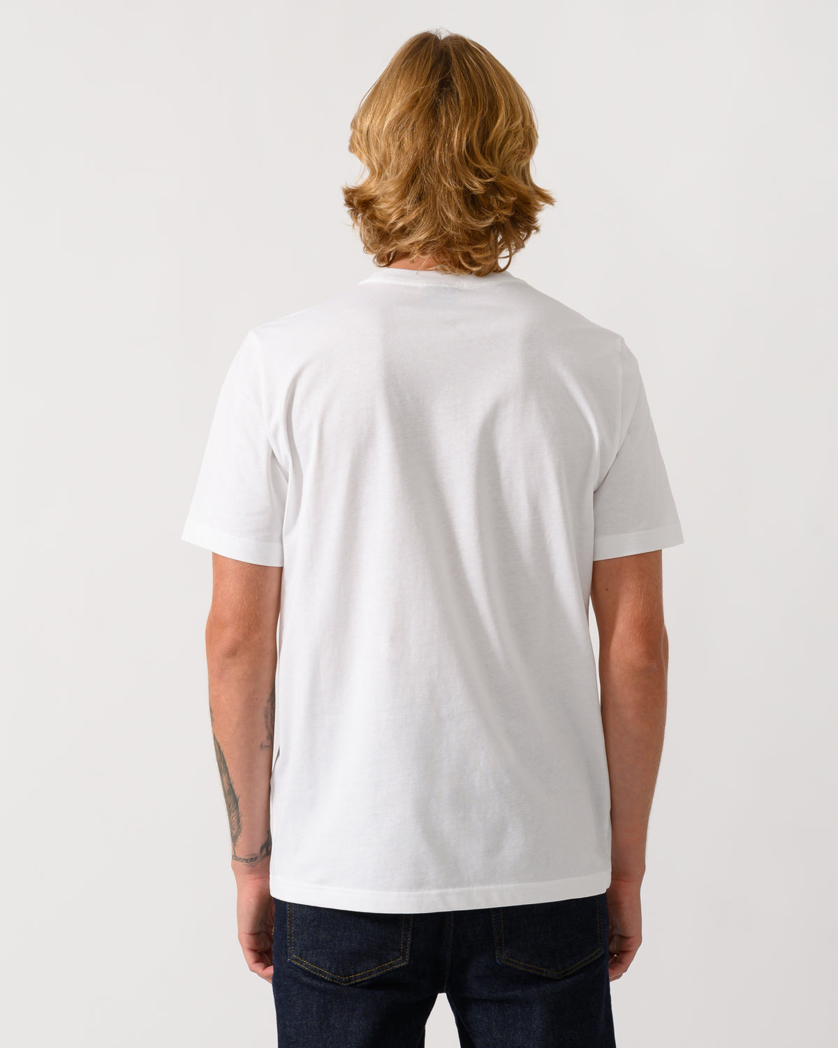 studio photograph showing back of a model wearing a PS Paul Smith Mens Regular Fit Mushrooms Graphic T-Shirt - 01 White