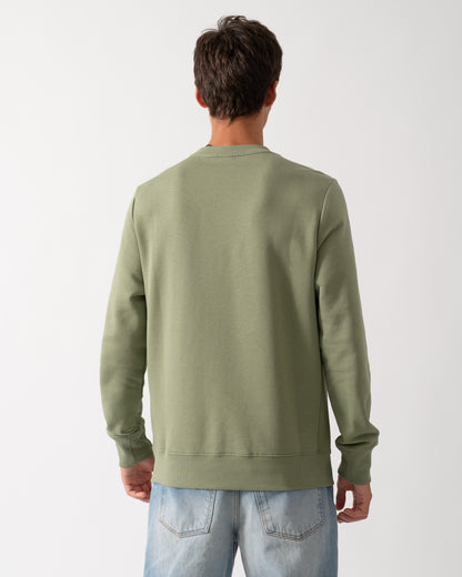 back of a a model wearing a PS Paul Smith Mens Regular Fit Organic Cotton Zebra Logo Sweatshirt in 34C Light Greyish Green