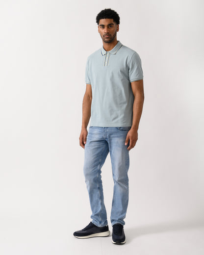 full lenght shot of a model wearing a PS Paul Smith Mens Regular Fit Polo Shirt in 40B Blue