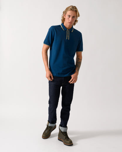 full length studio photo of a model wearing a PS Paul Smith Mens Regular Fit Polo Shirt with Tipping in 47 Navy
