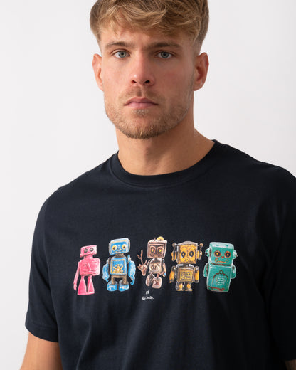 PS Paul Smith Mens Regular Fit Robots Graphic T-Shirt - 49 Very Dark Navy - CHO - Designer Mens Short Sleeve T-Shirts & Tops