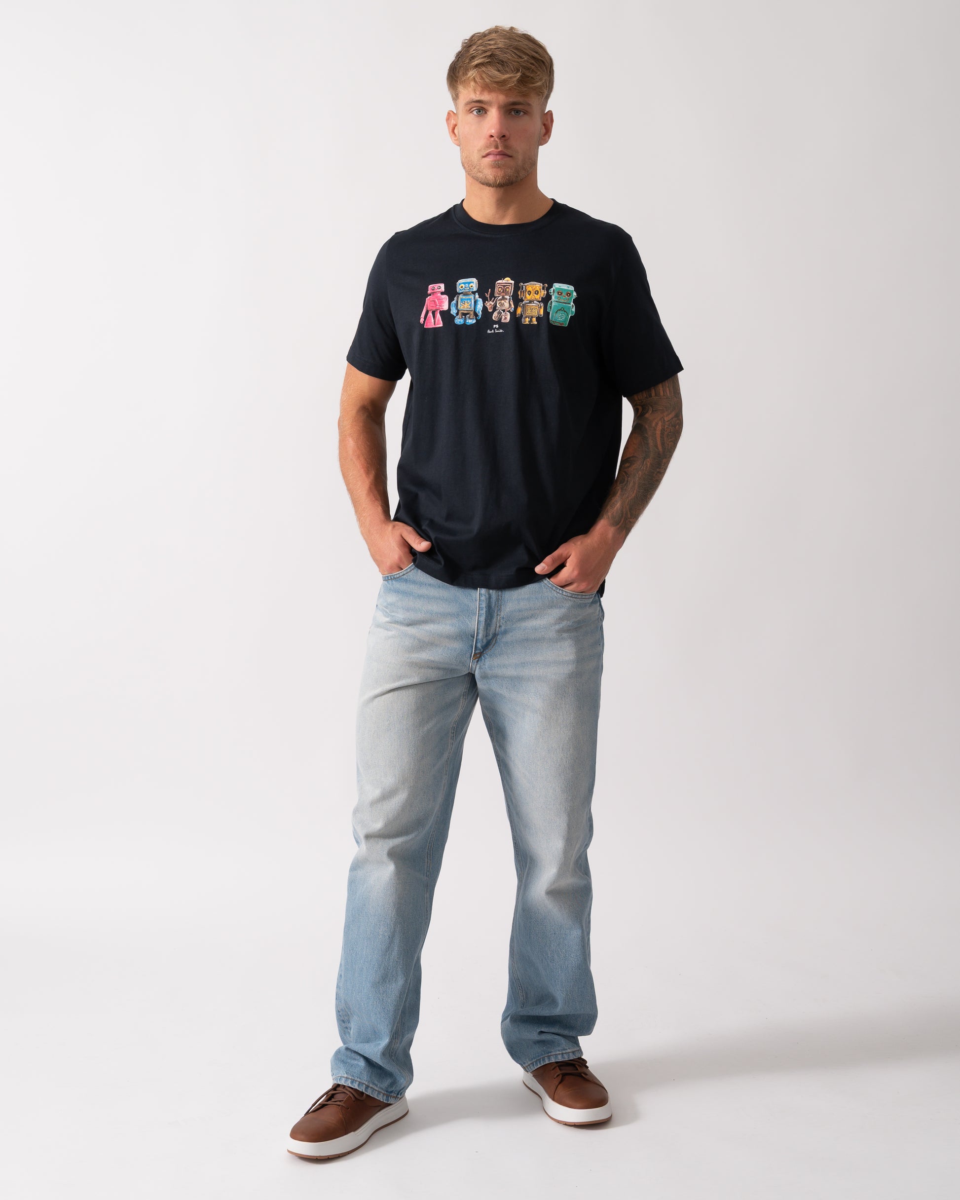 PS Paul Smith Mens Regular Fit Robots Graphic T-Shirt - 49 Very Dark Navy - CHO - Designer Mens Short Sleeve T-Shirts & Tops