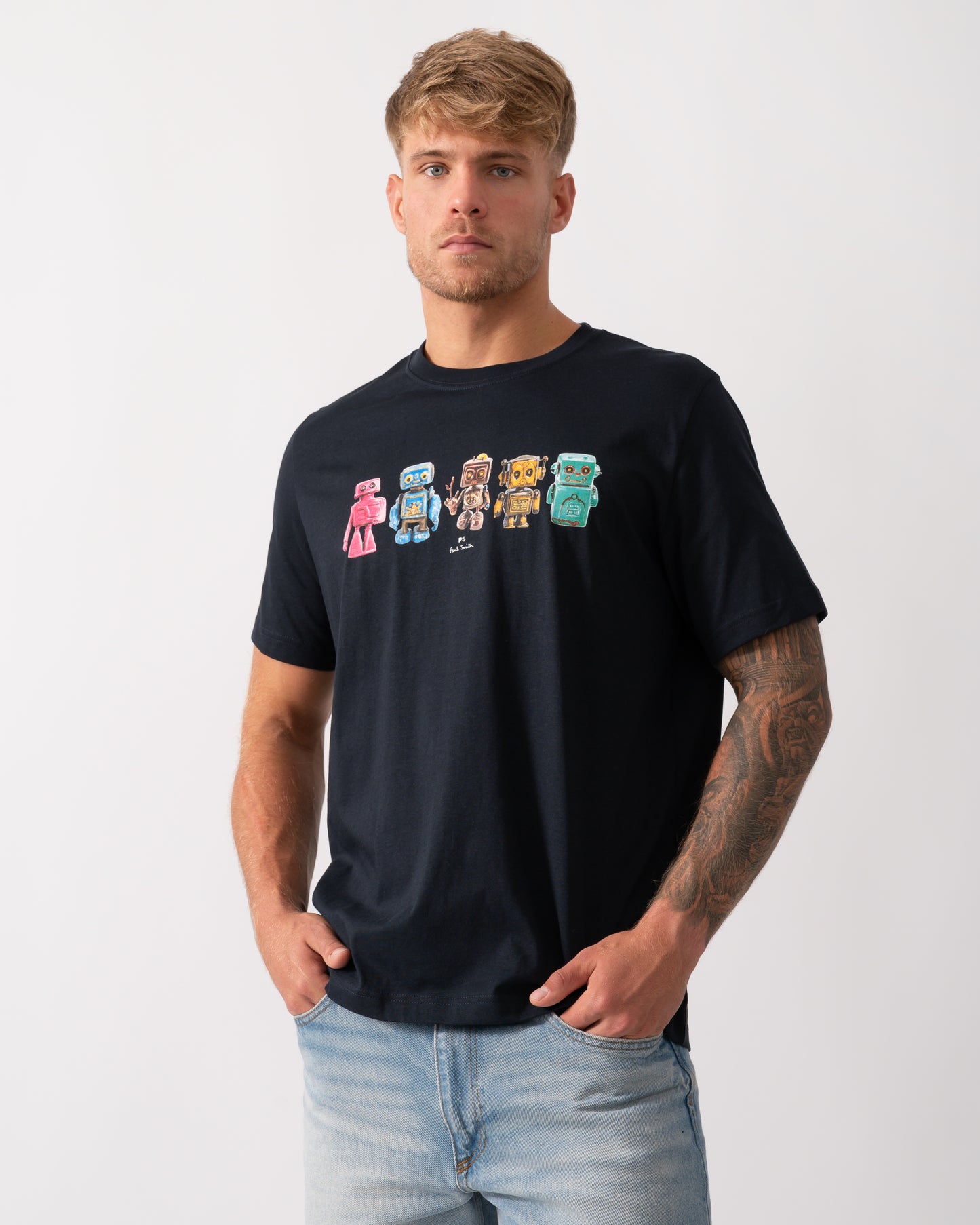 PS Paul Smith Mens Regular Fit Robots Graphic T-Shirt in Very Dark Navy