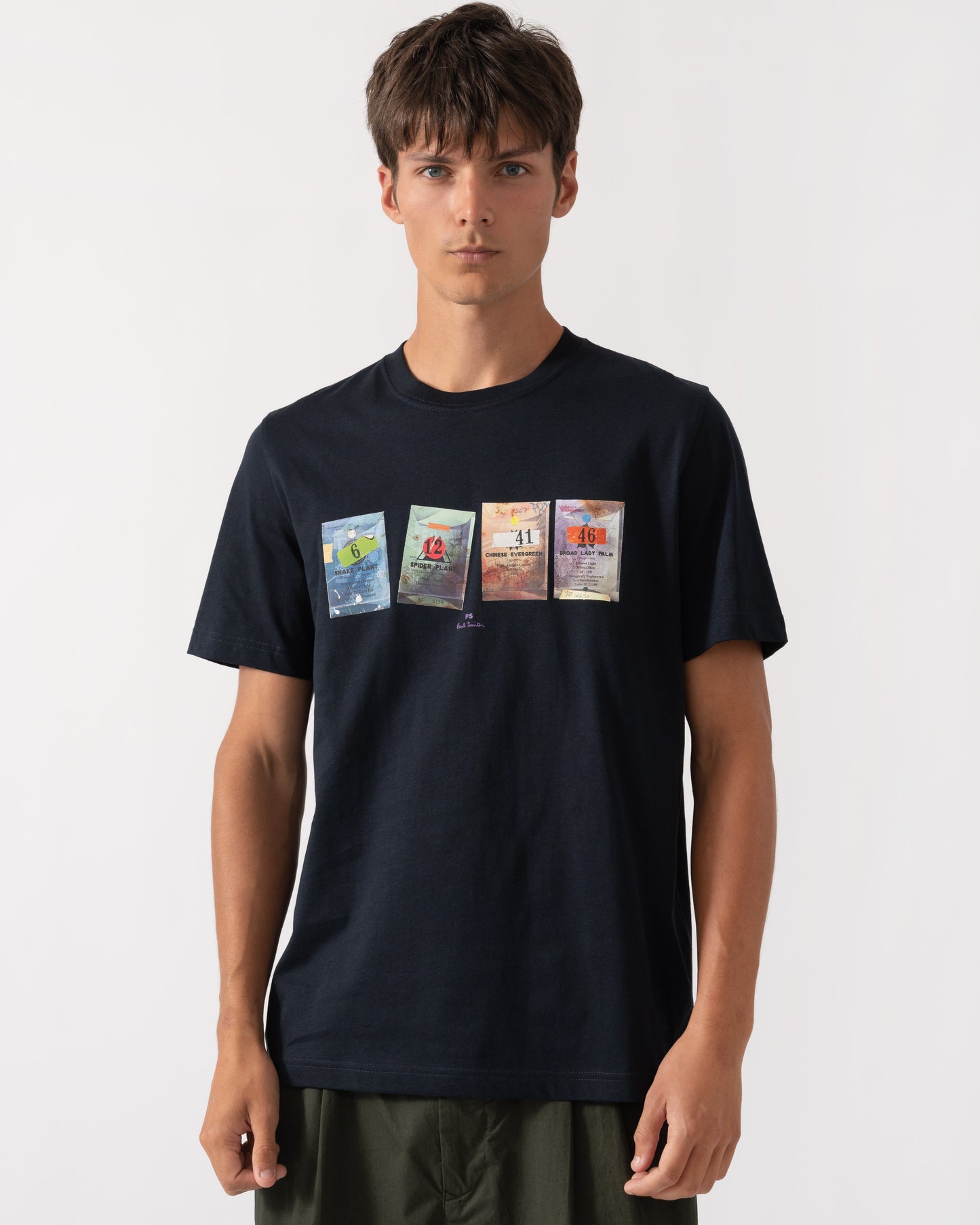 Front of PS Paul Smith Mens Regular Fit Seed Packets Graphic T-Shirt - 49 Very Dark Navy