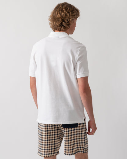 back of model wearing a PS Paul Smith Mens Regular Fit Short Sleeve Zebra Logo Polo Shirt M2R-183K-WZEBRA in 01 White