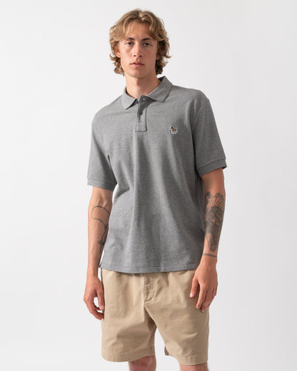 model wearing a PS Paul Smith Mens Regular Fit Short Sleeve Zebra Logo Polo Shirt M2R-183K-WZEBRA in 72 Grey