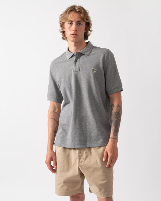 model wearing a PS Paul Smith Mens Regular Fit Short Sleeve Zebra Logo Polo Shirt M2R-183K-WZEBRA in 72 Grey