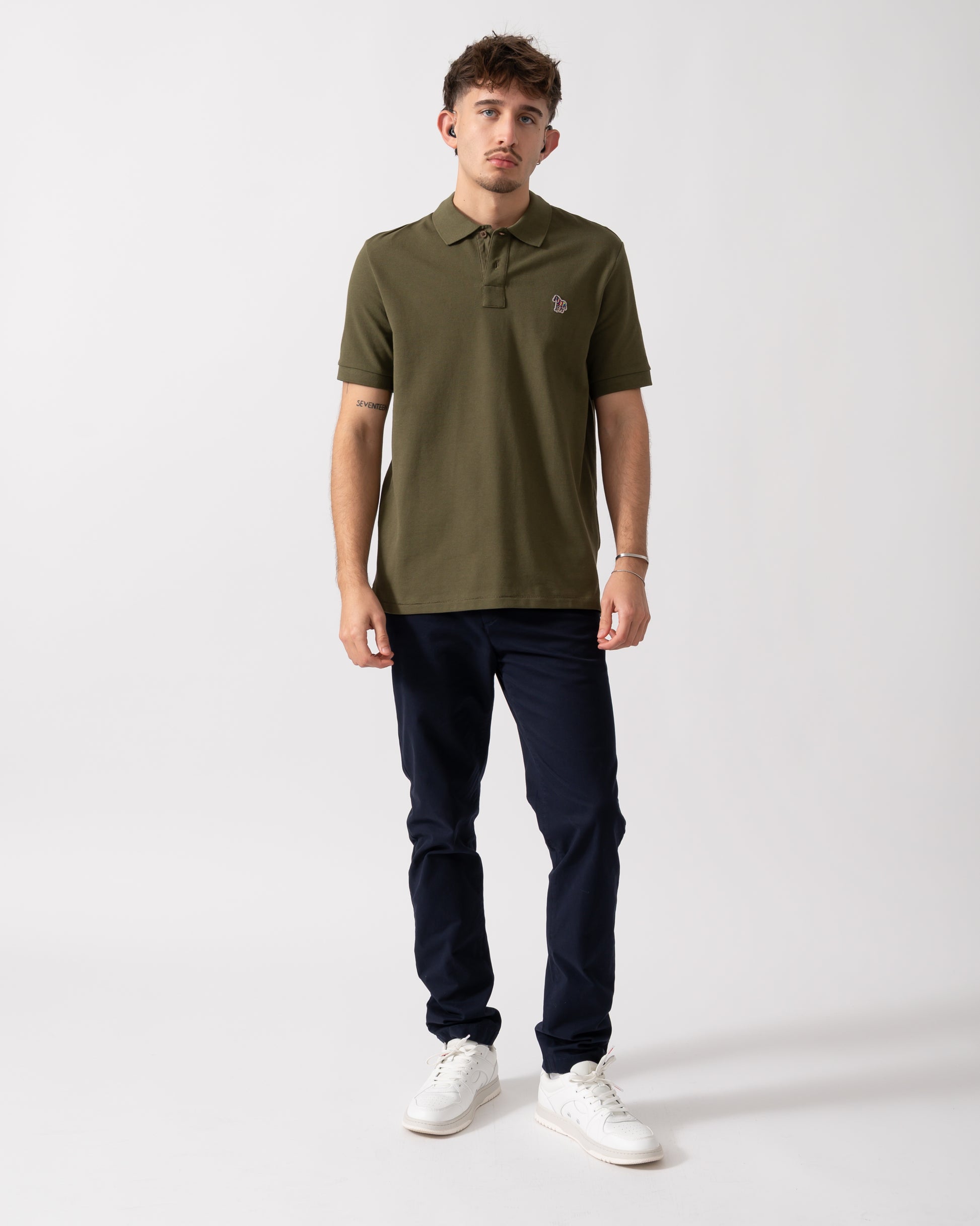 Full length shot of a Model wearing a PS Paul Smith Mens Regular Fit Short Sleeve Zebra Polo Shirt in Green