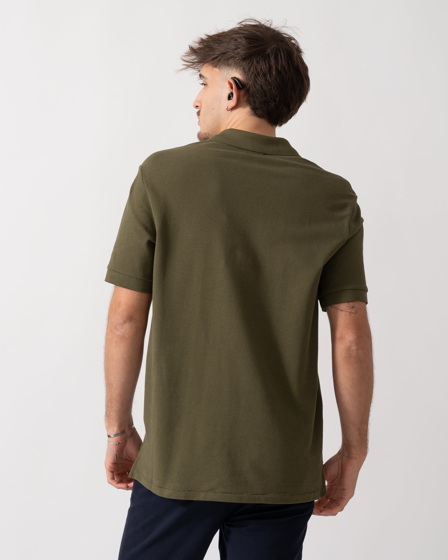 back shot of a Model wearing a PS Paul Smith Mens Regular Fit Short Sleeve Zebra Polo Shirt in Green