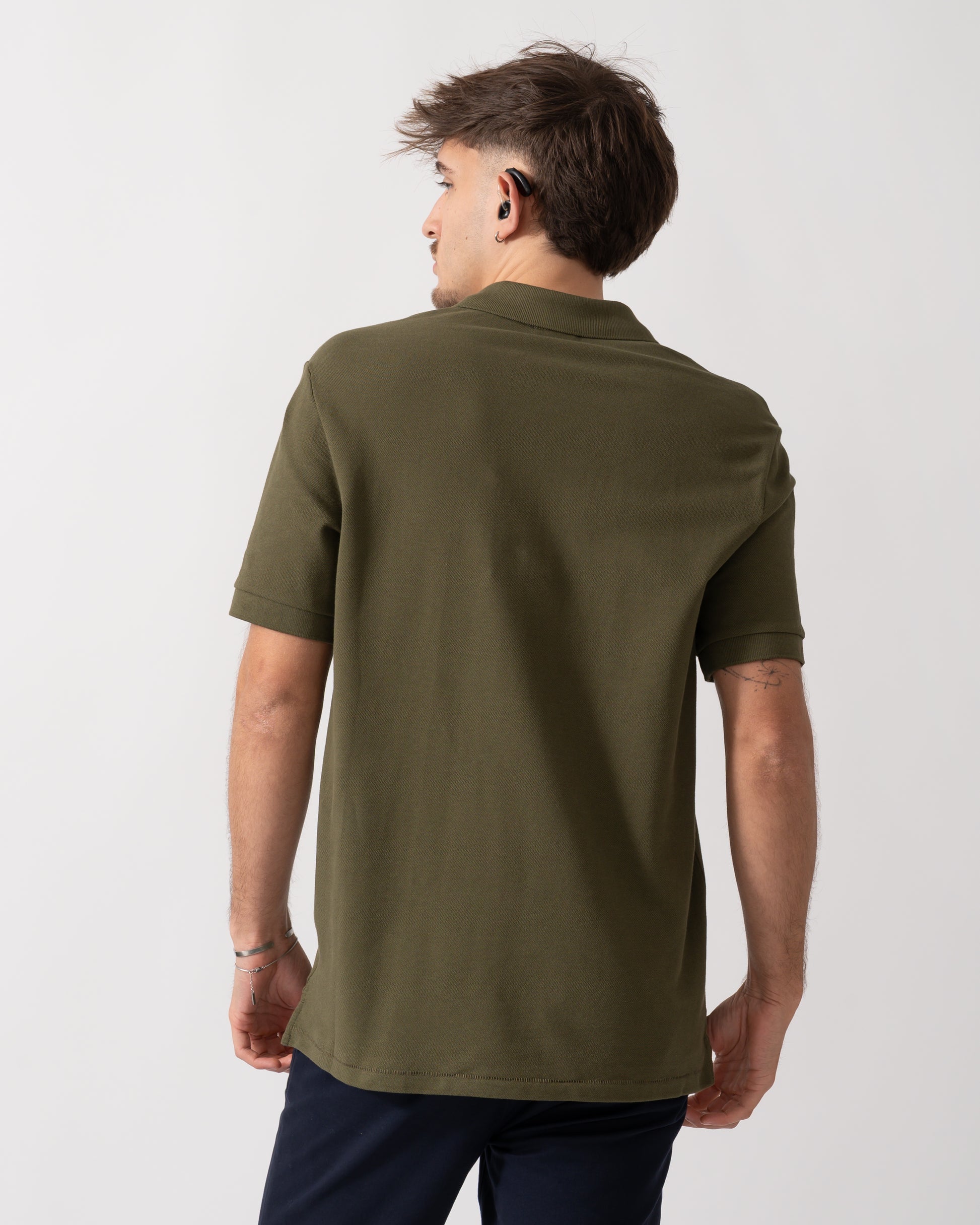 back shot of a Model wearing a PS Paul Smith Mens Regular Fit Short Sleeve Zebra Polo Shirt in Green