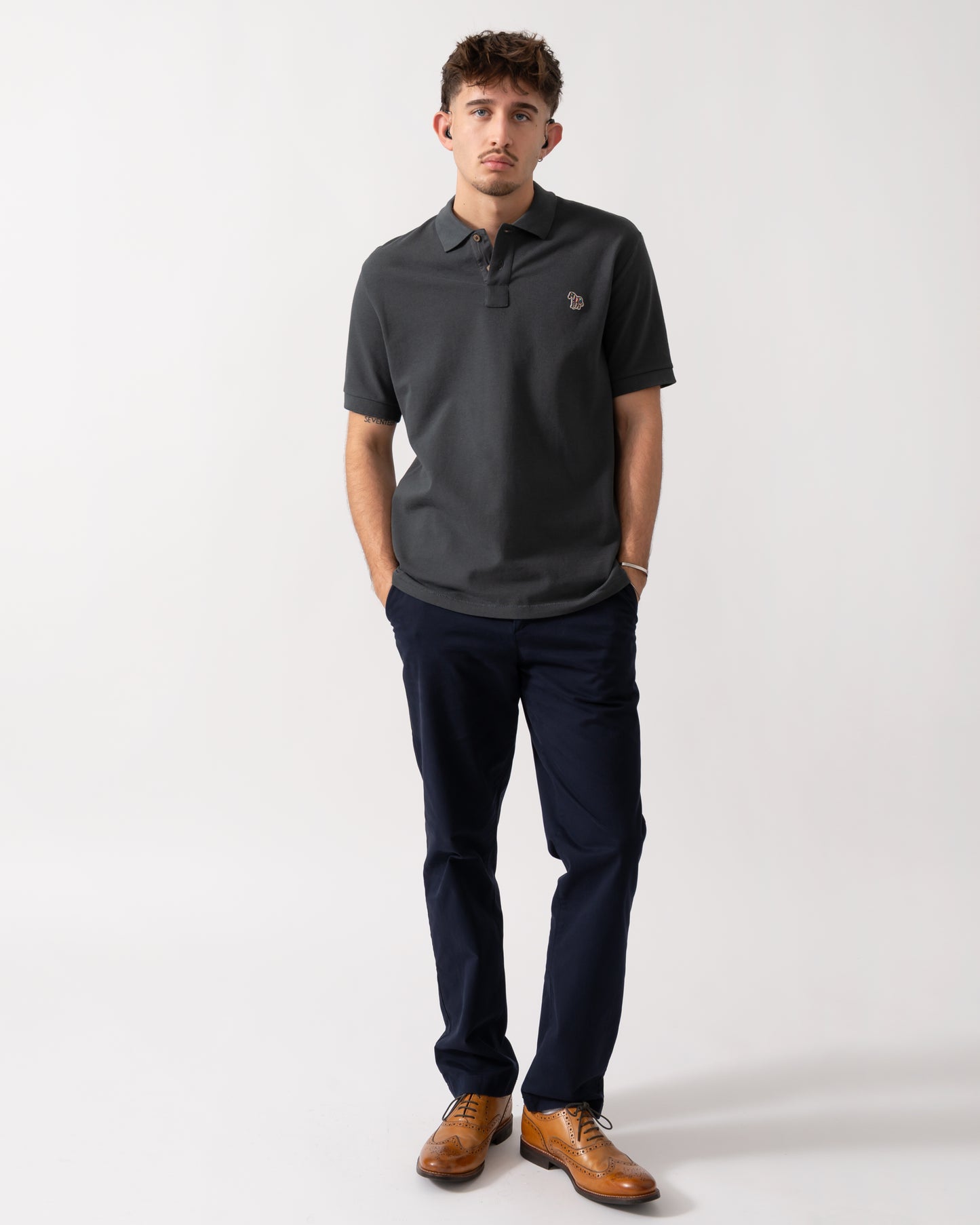 Full length shot of a Model wearing a PS Paul Smith Mens Regular Fit Short Sleeve Zebra Polo Shirt in Grey