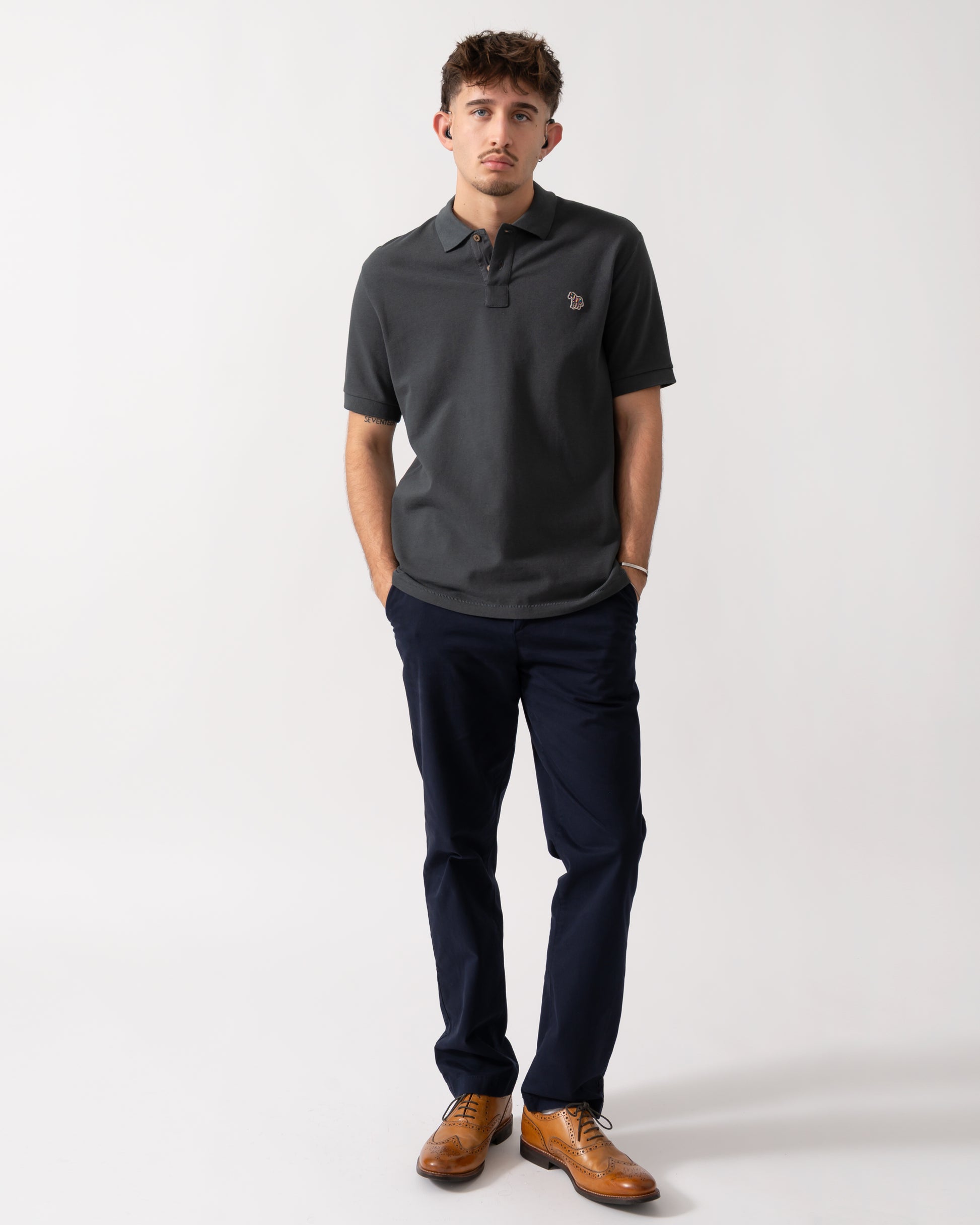 Full length shot of a Model wearing a PS Paul Smith Mens Regular Fit Short Sleeve Zebra Polo Shirt in Grey