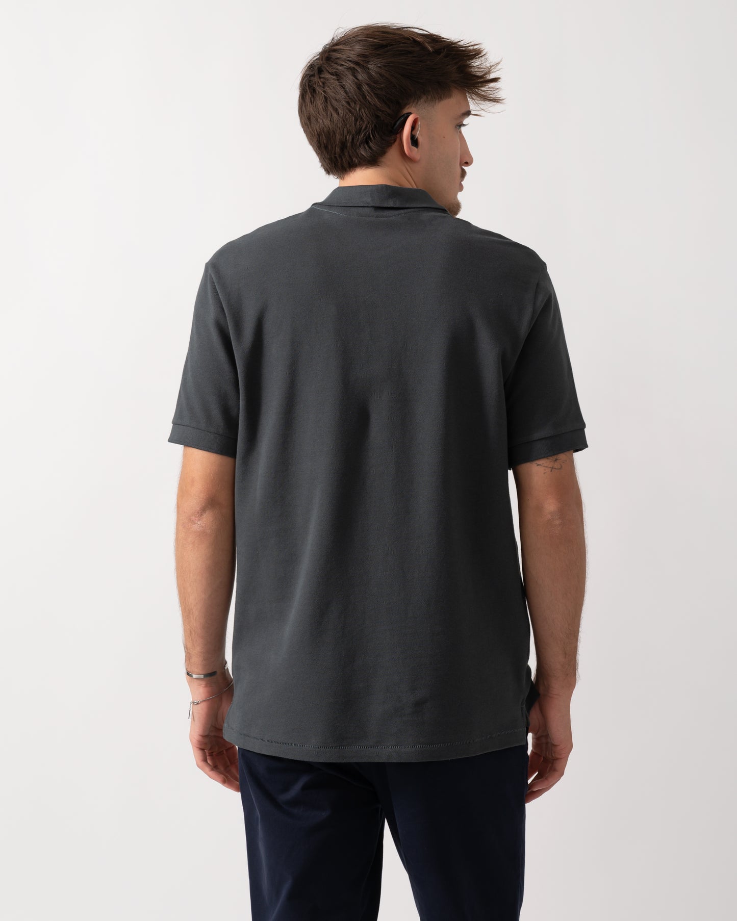 Back shot of a Model wearing a PS Paul Smith Mens Regular Fit Short Sleeve Zebra Polo Shirt in Grey