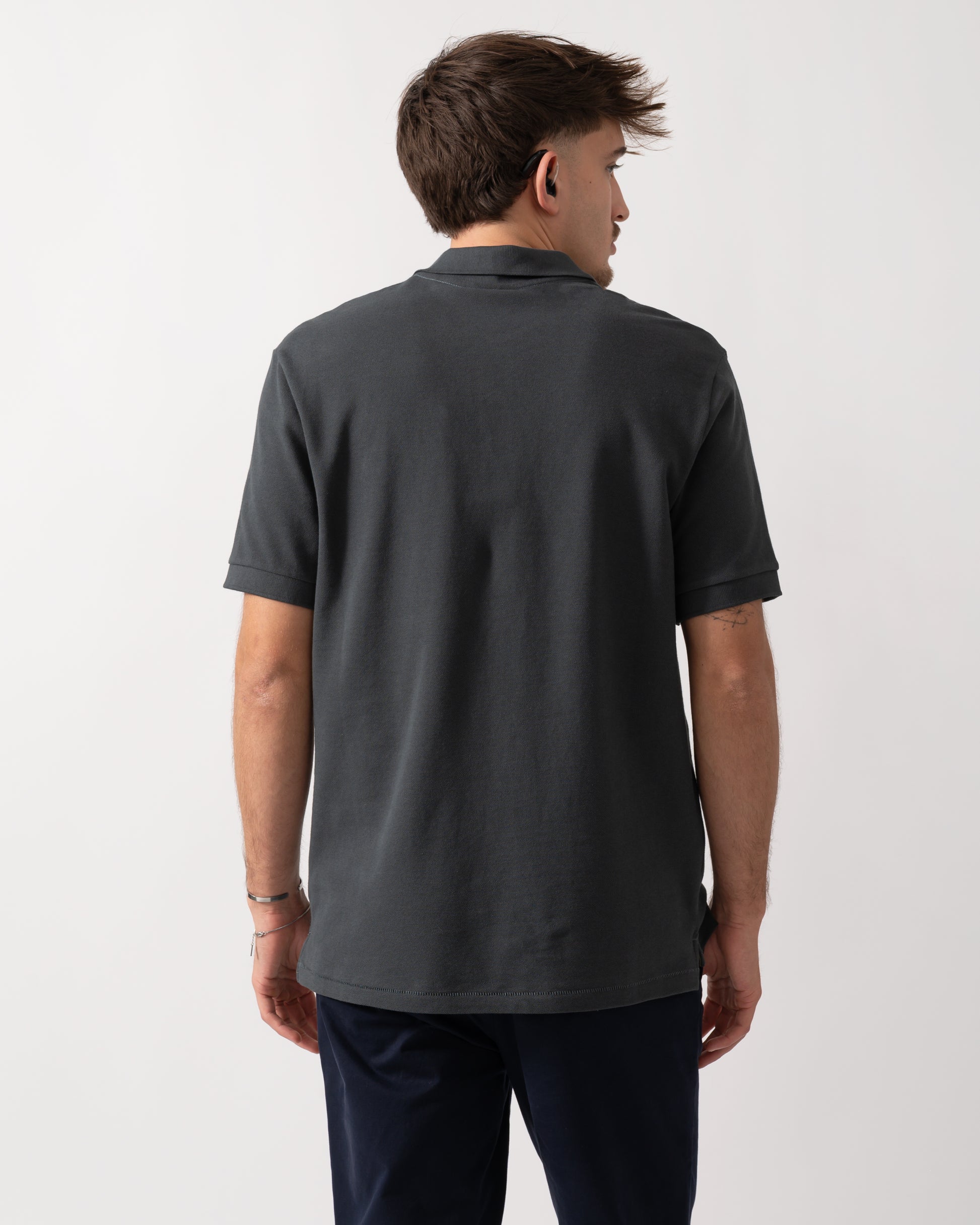 Back shot of a Model wearing a PS Paul Smith Mens Regular Fit Short Sleeve Zebra Polo Shirt in Grey
