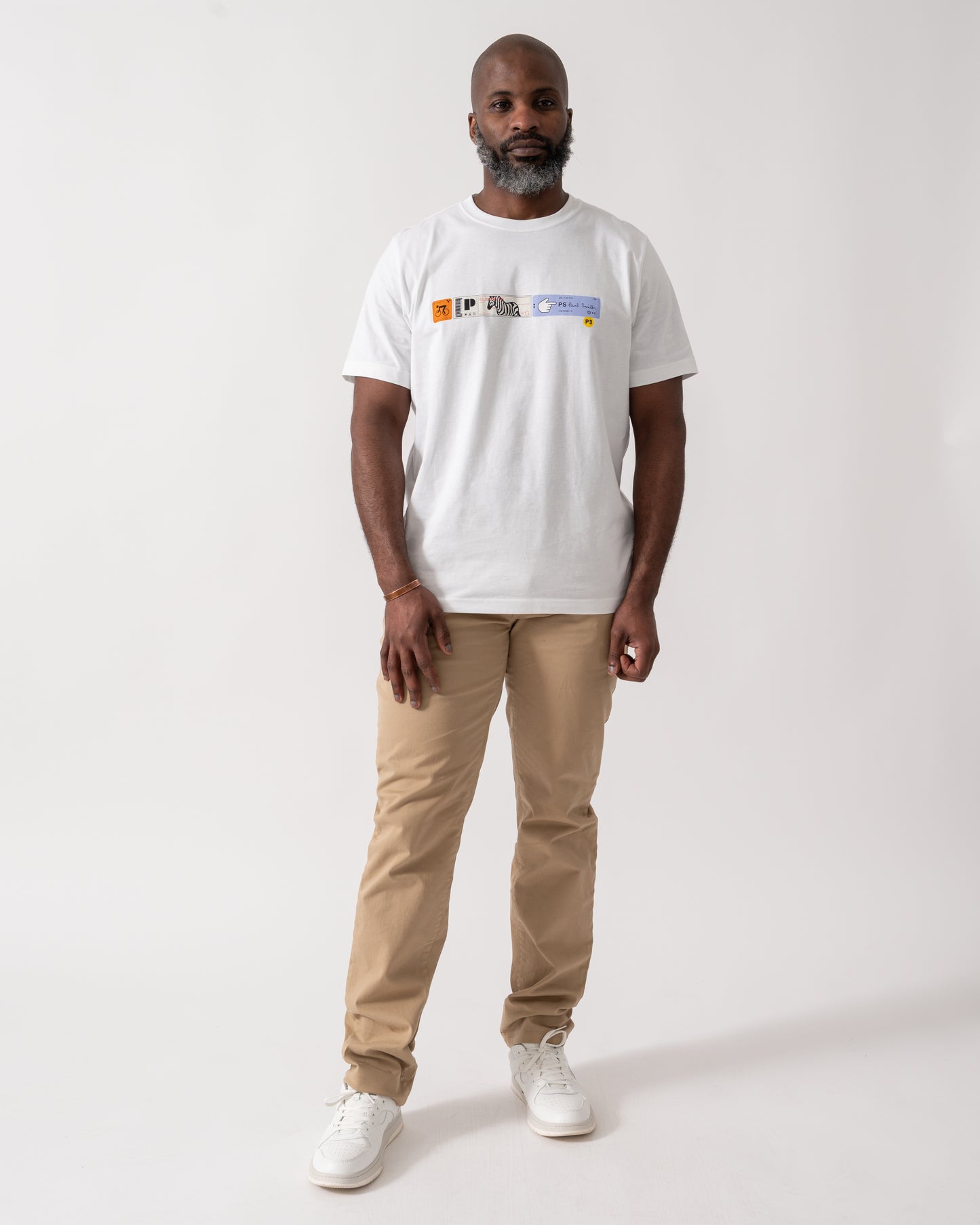 full length shot of a model wearing a PS Paul Smith Mens Ticket Stub T-Shirt in White