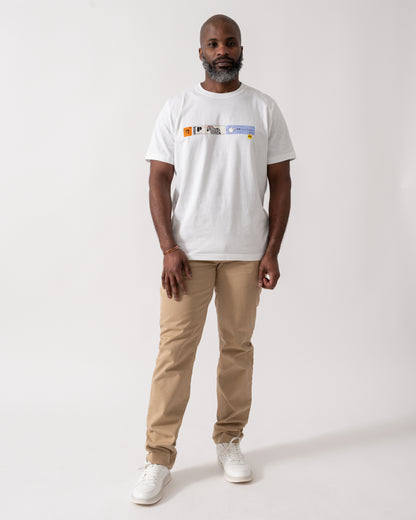 full length shot of a model wearing a PS Paul Smith Mens Ticket Stub T-Shirt in White
