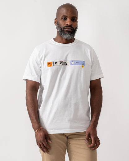 model wearing a PS Paul Smith Mens Ticket Stub T-Shirt in White