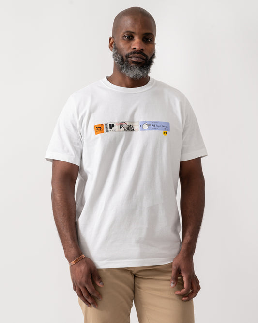 model wearing a PS Paul Smith Mens Ticket Stub T-Shirt in White