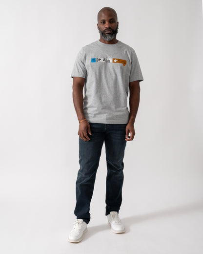Full length shot of a Model wearing a PS Paul Smith Mens Ticket Stub T-Shirt in Grey