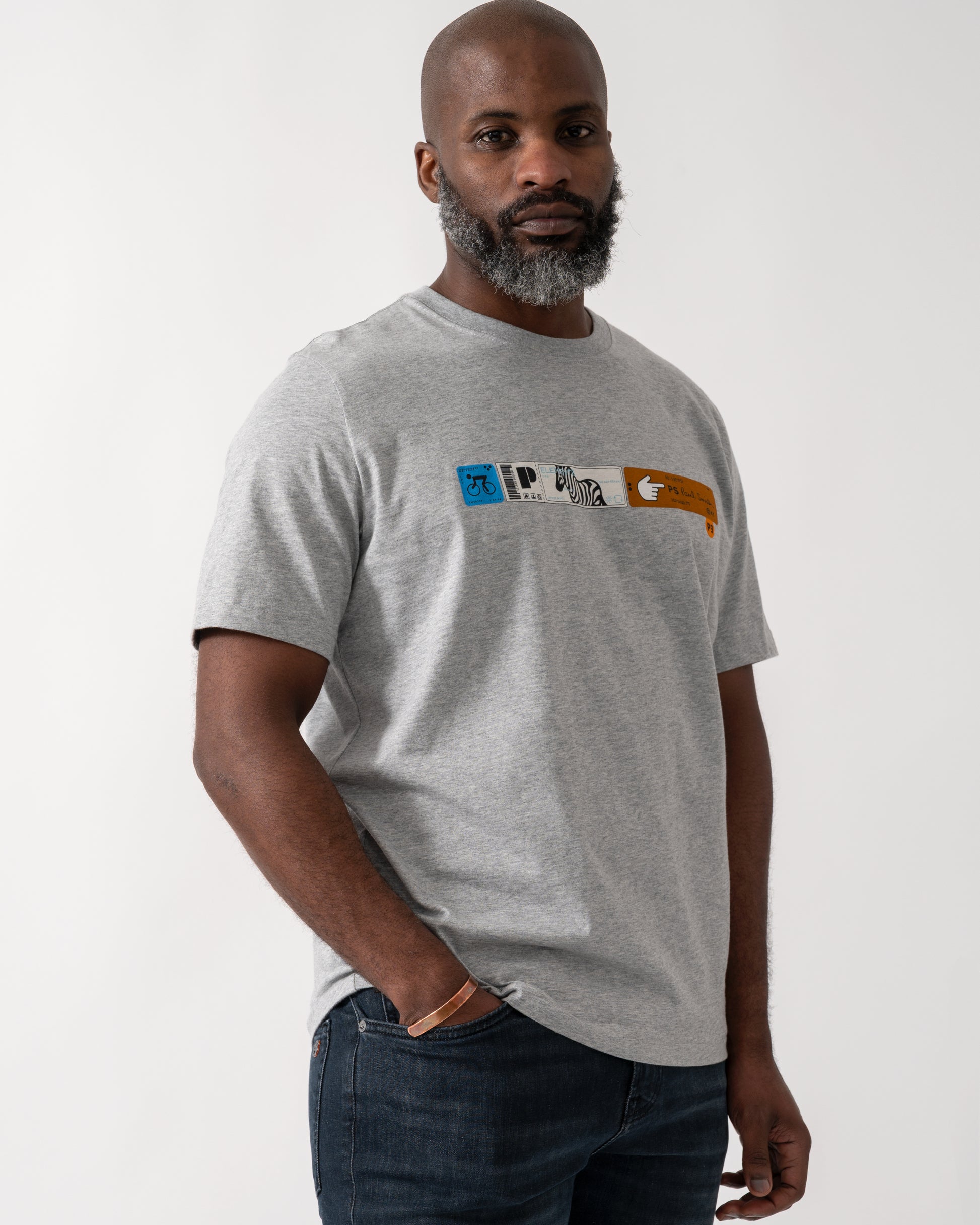 Model wearing a PS Paul Smith Mens Ticket Stub T-Shirt in Grey