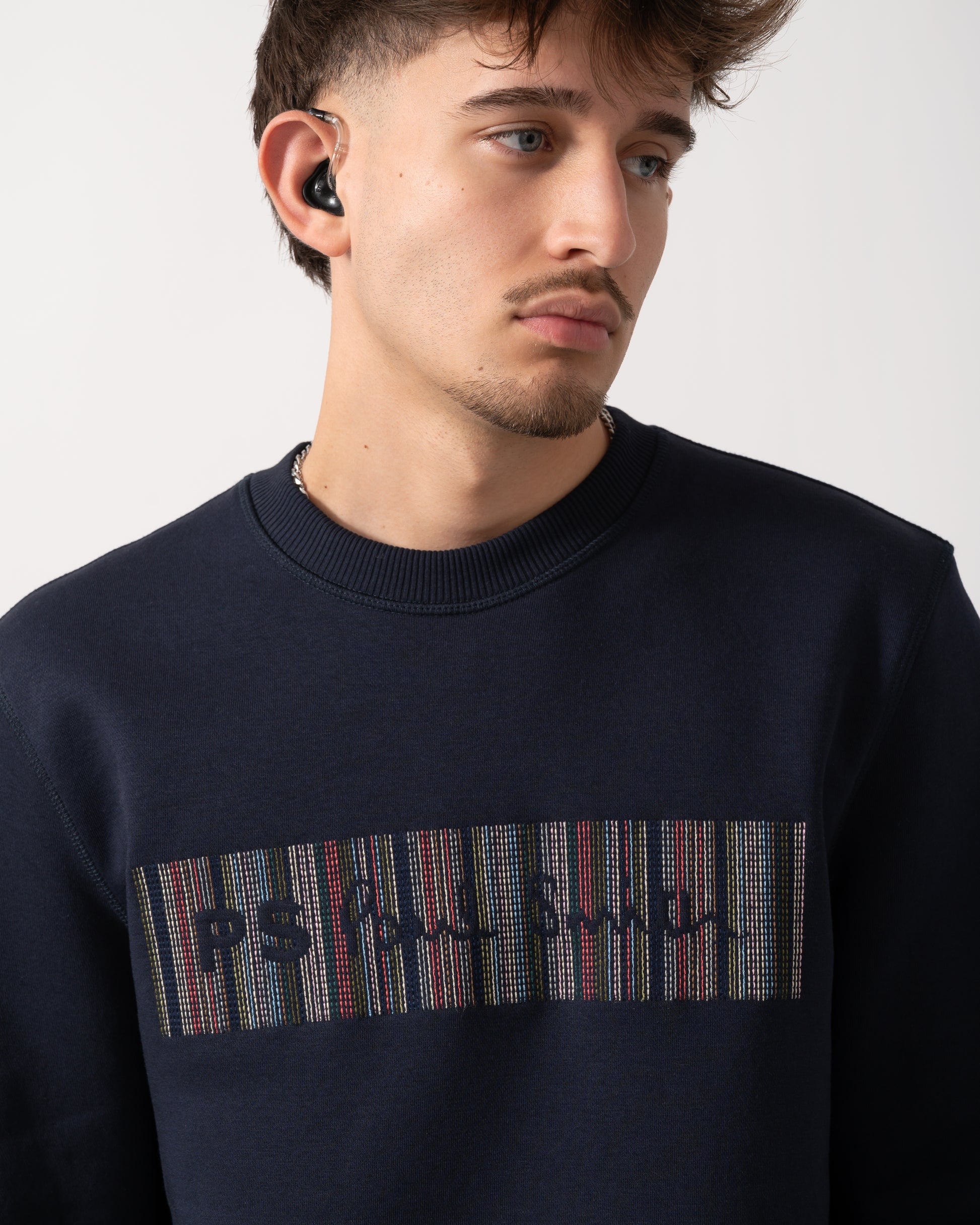 Close up shot of a Model wearing a PS Paul Smith Mens Regular Fit Sweatshirt in Very Dark Navy