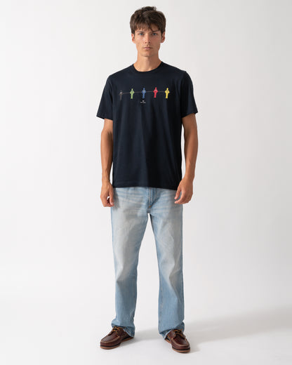 full length of a model wearing a PS Paul Smith Mens Regular Fit Table Football Graphic T-Shirt in 49 Very Dark Navy