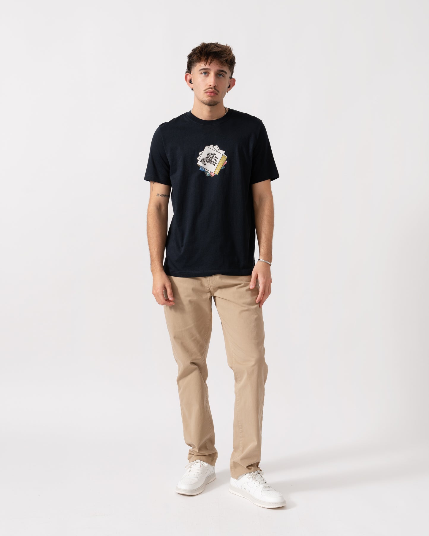 Full length shot of a Model wearing a PS Paul Smith Mens Regular Fit Zebra Graphic T-Shirt in Very Dark Navy