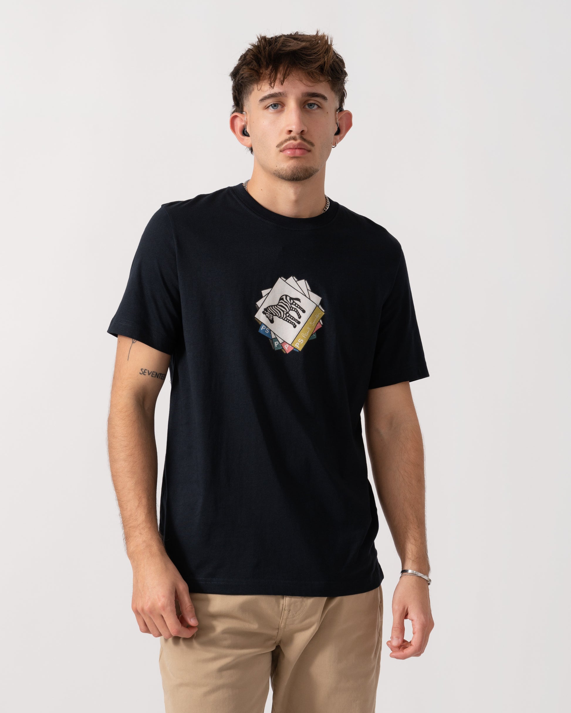 Model wearing a PS Paul Smith Mens Regular Fit Zebra Graphic T-Shirt in Very Dark Navy