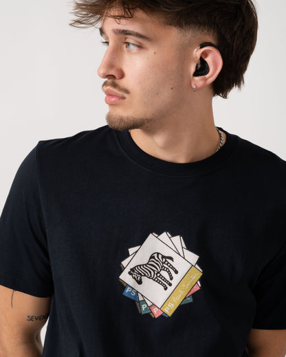 Detail shot of a Model wearing a PS Paul Smith Mens Regular Fit Zebra Graphic T-Shirt in Very Dark Navy