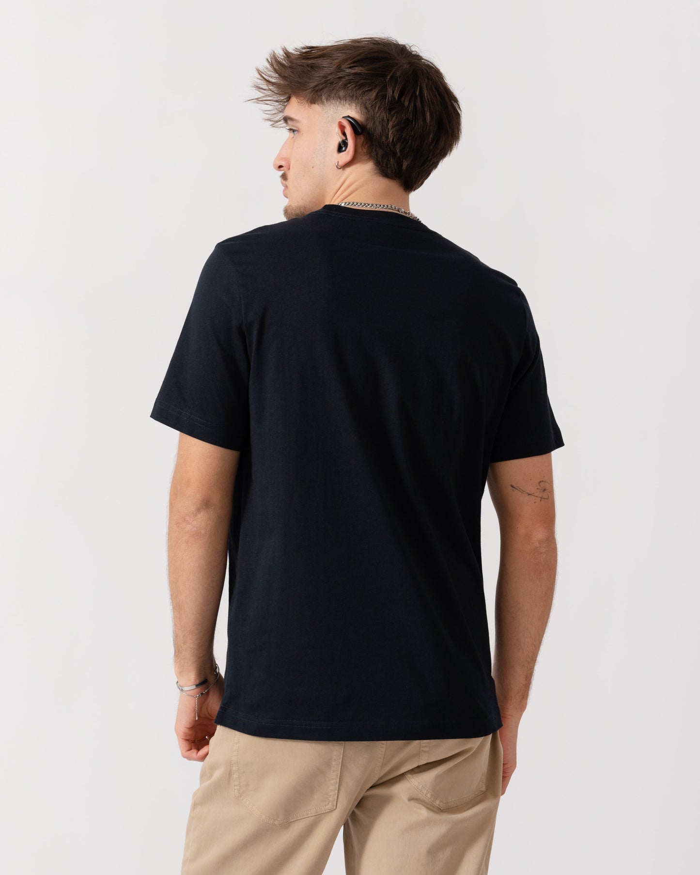 back shot of a Model wearing a PS Paul Smith Mens Regular Fit Zebra Graphic T-Shirt in Very Dark Navy