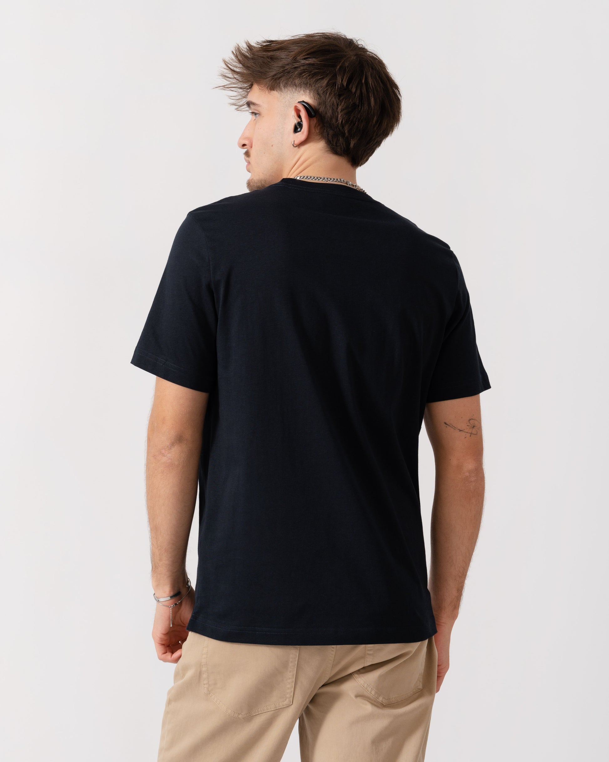 back shot of a Model wearing a PS Paul Smith Mens Regular Fit Zebra Graphic T-Shirt in Very Dark Navy