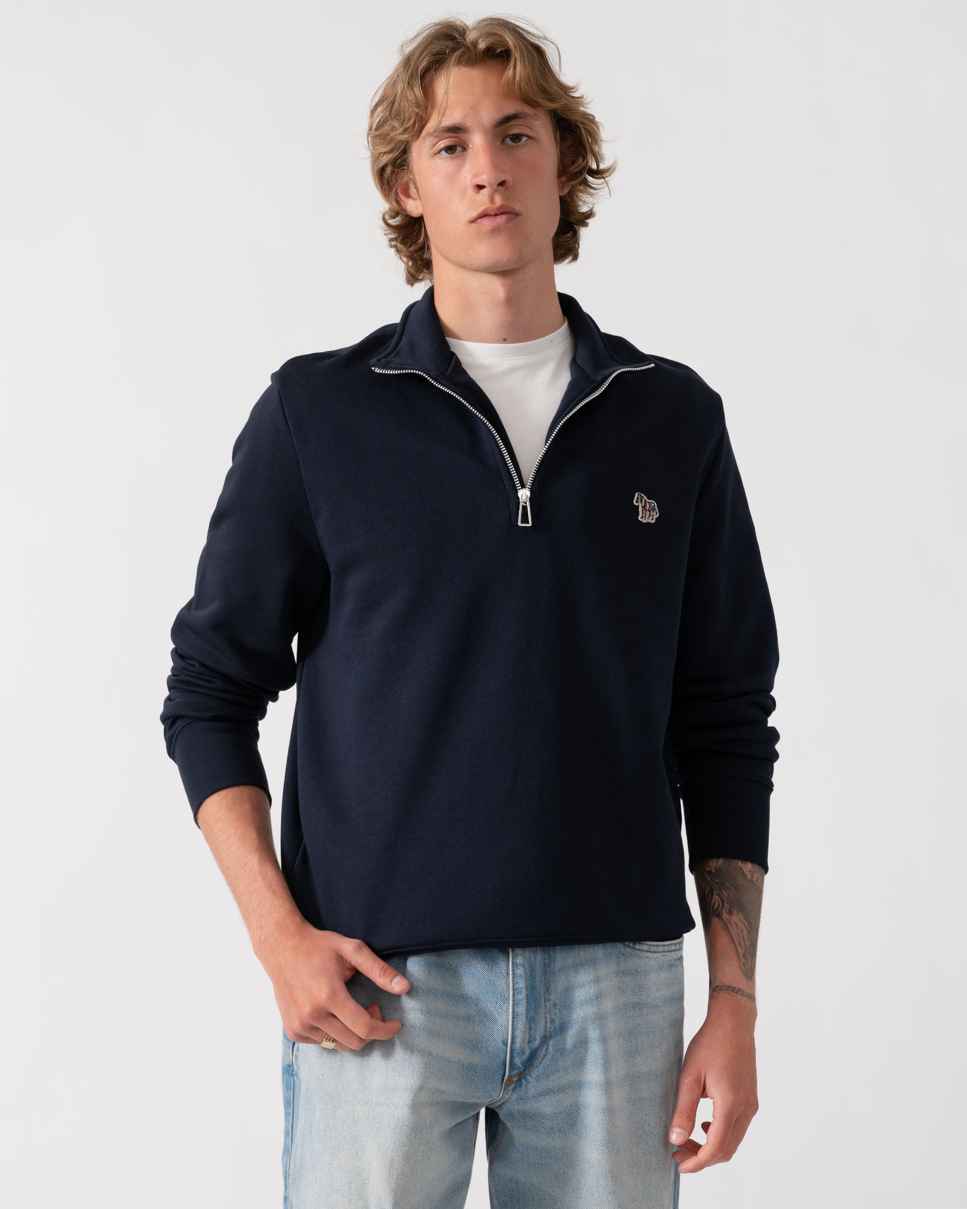 PS Paul Smith Mens Regular Fit Zebra Logo 1/4 Zip Top - 49 Very Dark Navy | CHO | Designer Mens Quarter Zip Sweatshirts