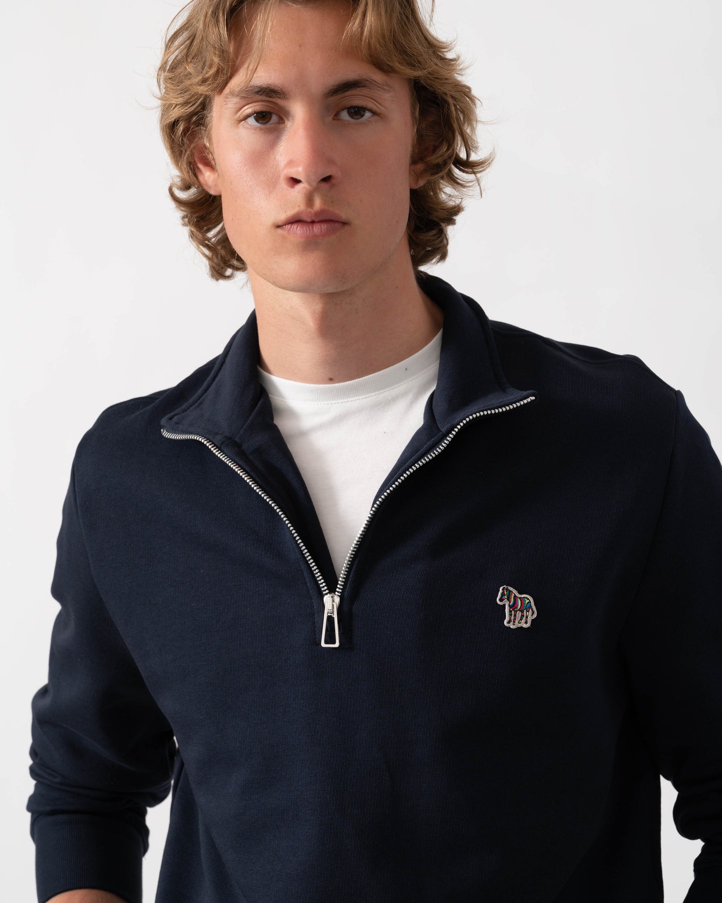 PS Paul Smith Mens Regular Fit Zebra Logo 1/4 Zip Top - 49 Very Dark Navy | CHO | Designer Mens Quarter Zip Sweatshirts