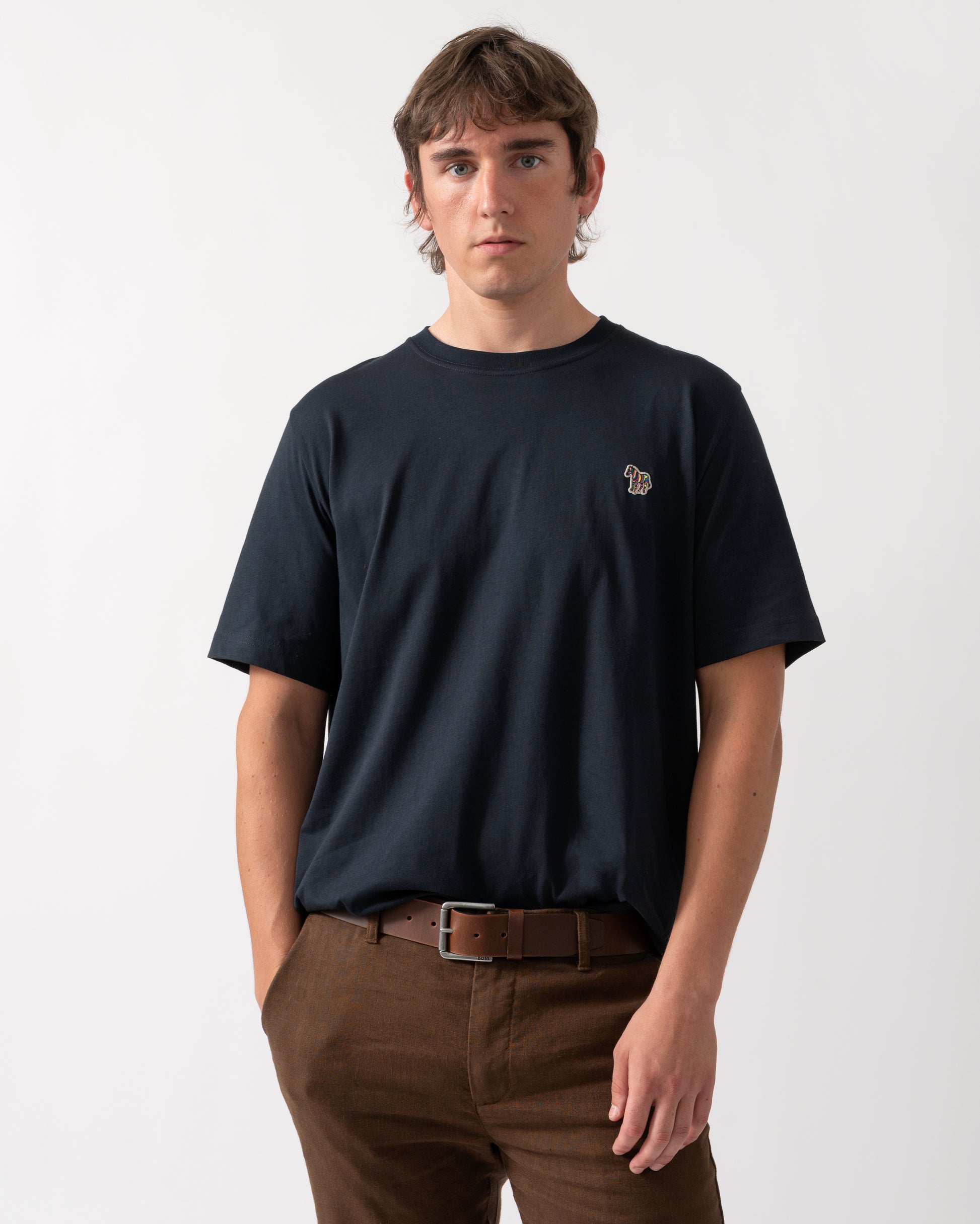 model wearing a PS Paul Smith Mens Regular Fit Zebra Logo T-Shirt M2R-011R-WZEBRA in 49 Very Dark Navy