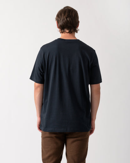 back shot of a model wearing a PS Paul Smith Mens Regular Fit Zebra Logo T-Shirt M2R-011R-WZEBRA in 49 Very Dark Navy